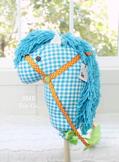 Child's Toy Stick Horse - Turquoise Gingham