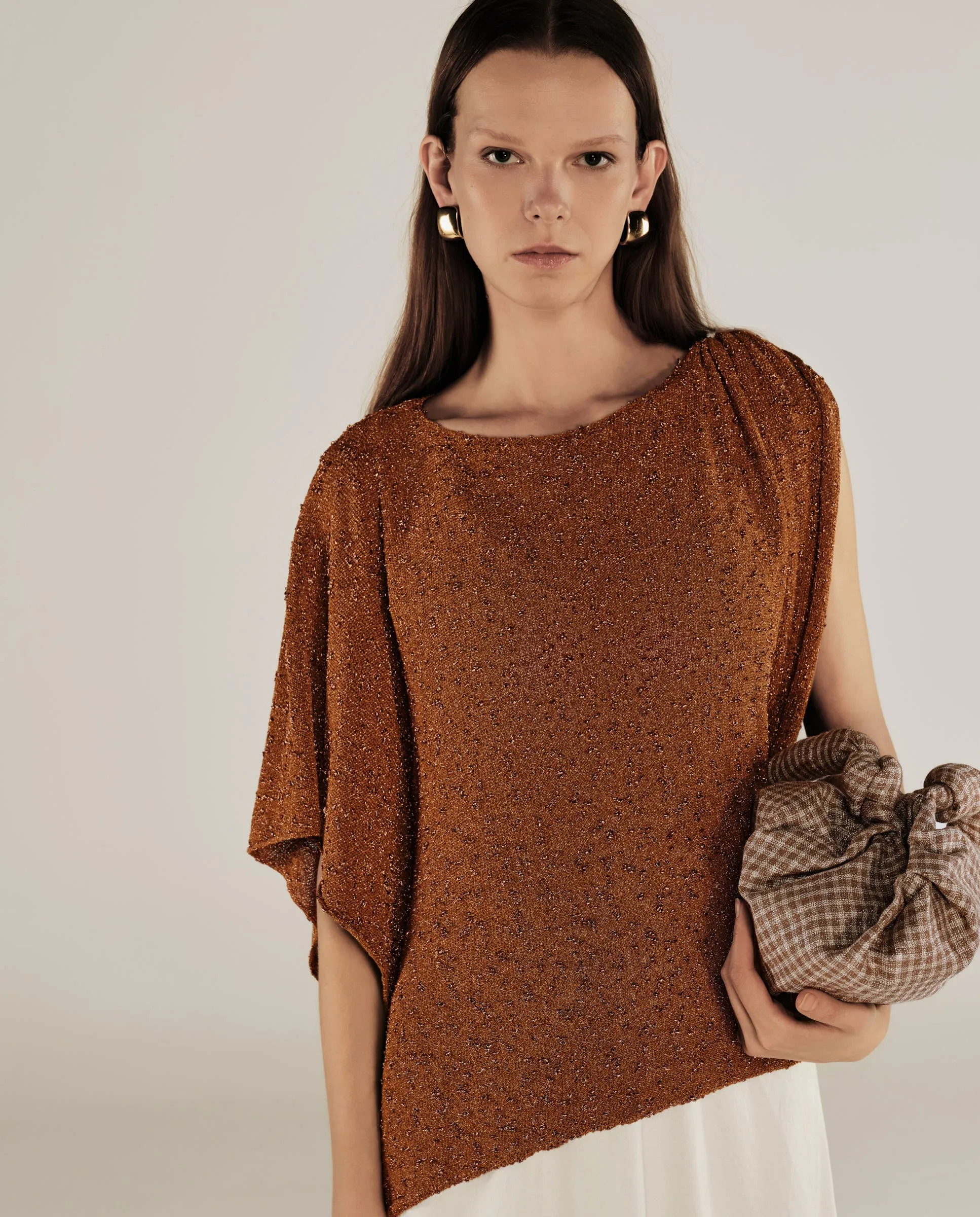 CLIVIA | Metallic Ochre Asymmetric Knitted Cape