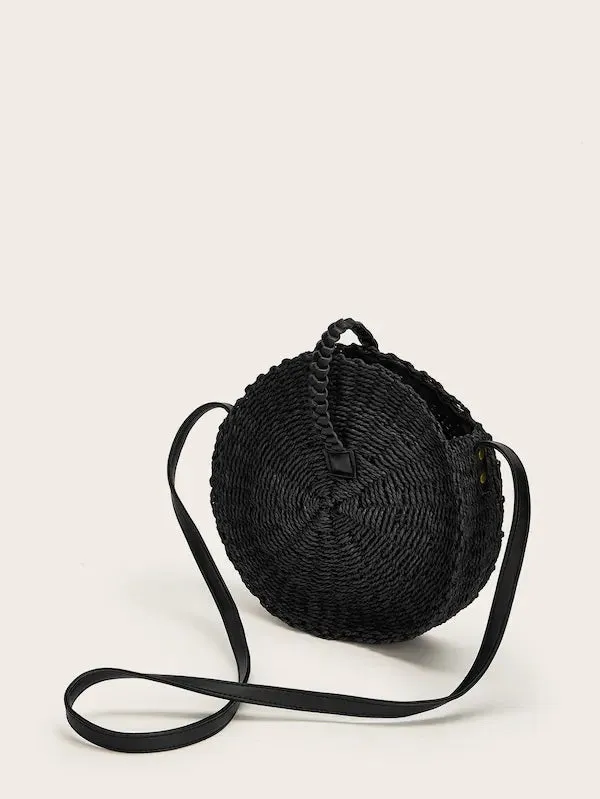 CM-BGS307703 Women Casual Bohemian Style Braided Round Crossbody Bag - Black