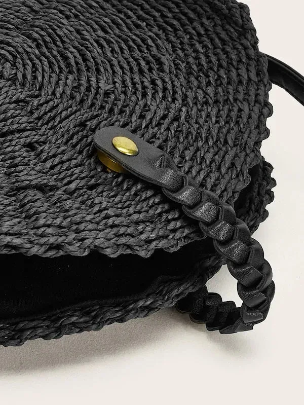 CM-BGS307703 Women Casual Bohemian Style Braided Round Crossbody Bag - Black