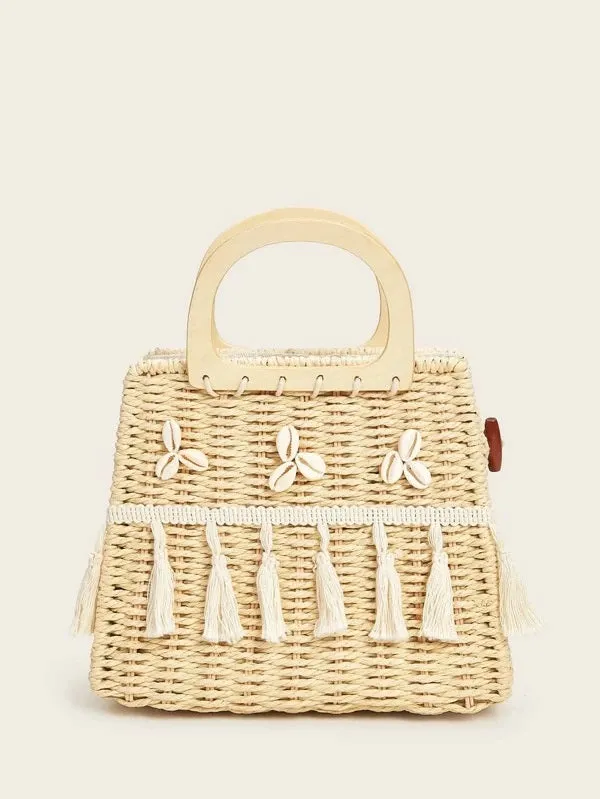CM-BGS310846 Women Trendy Bohemian Style Tassel And Shell Metal Handle Crochet Satchel Bag
