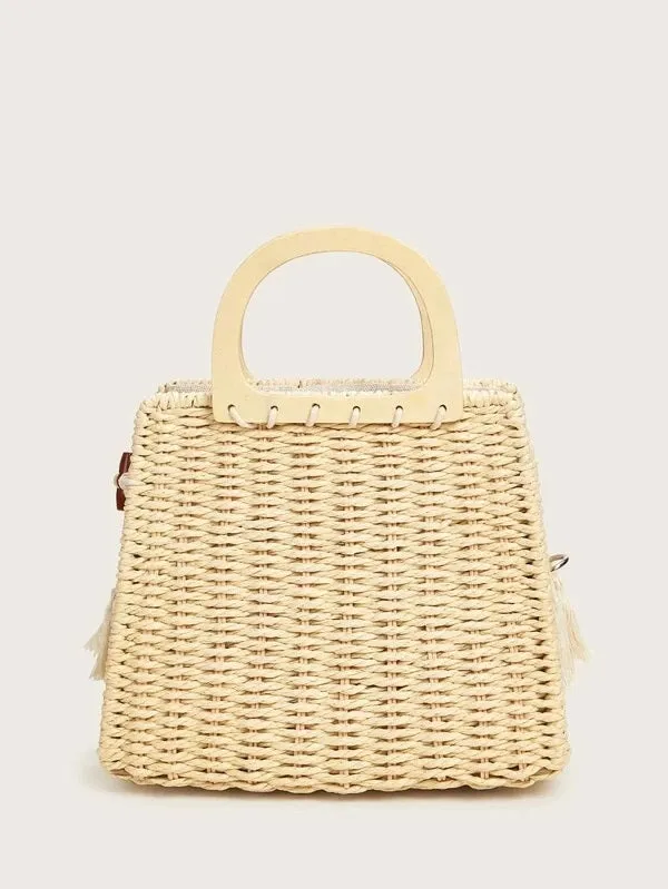 CM-BGS310846 Women Trendy Bohemian Style Tassel And Shell Metal Handle Crochet Satchel Bag