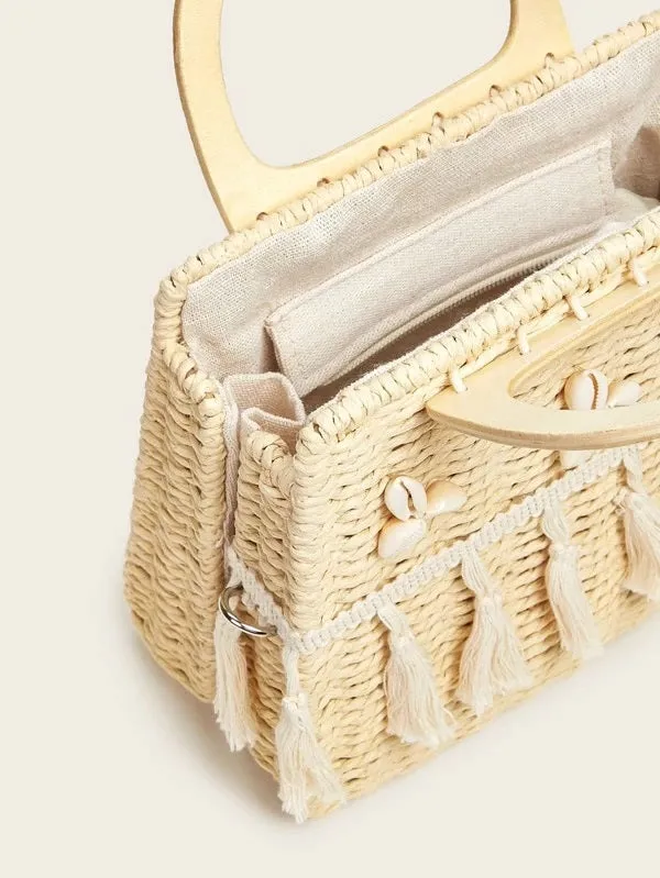 CM-BGS310846 Women Trendy Bohemian Style Tassel And Shell Metal Handle Crochet Satchel Bag