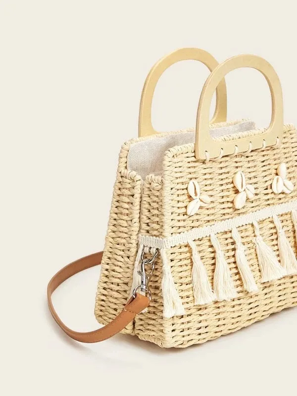 CM-BGS310846 Women Trendy Bohemian Style Tassel And Shell Metal Handle Crochet Satchel Bag