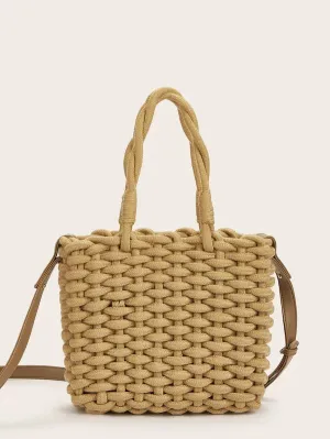 CM-BGS425625 Women Elegant Bohemian Style Plaited Detail Tote Bag - Khaki
