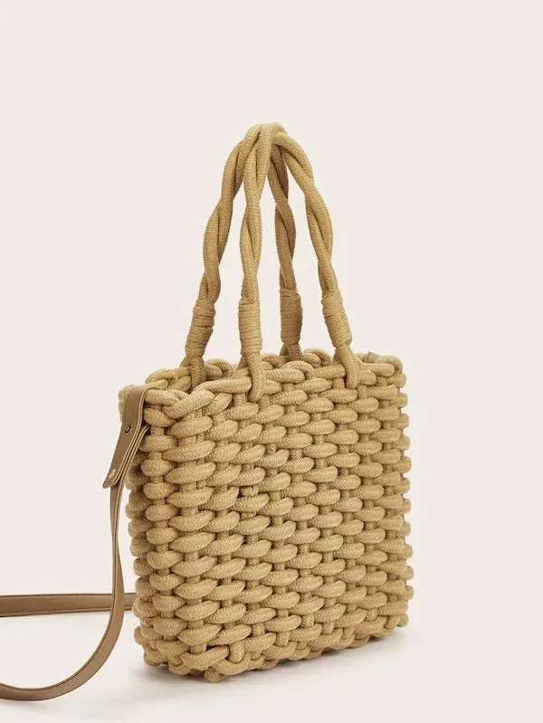 CM-BGS425625 Women Elegant Bohemian Style Plaited Detail Tote Bag - Khaki