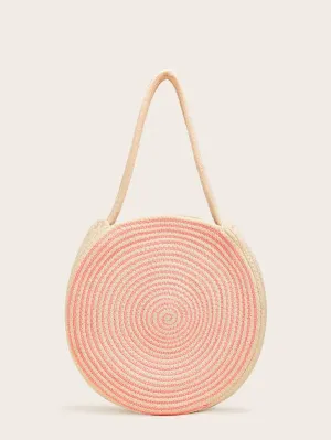 CM-BGS613652 Women Trendy Bohemian Style Two Tone Round Paper Straw Tote Bag