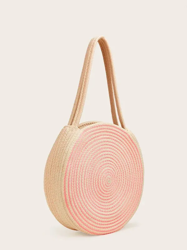 CM-BGS613652 Women Trendy Bohemian Style Two Tone Round Paper Straw Tote Bag