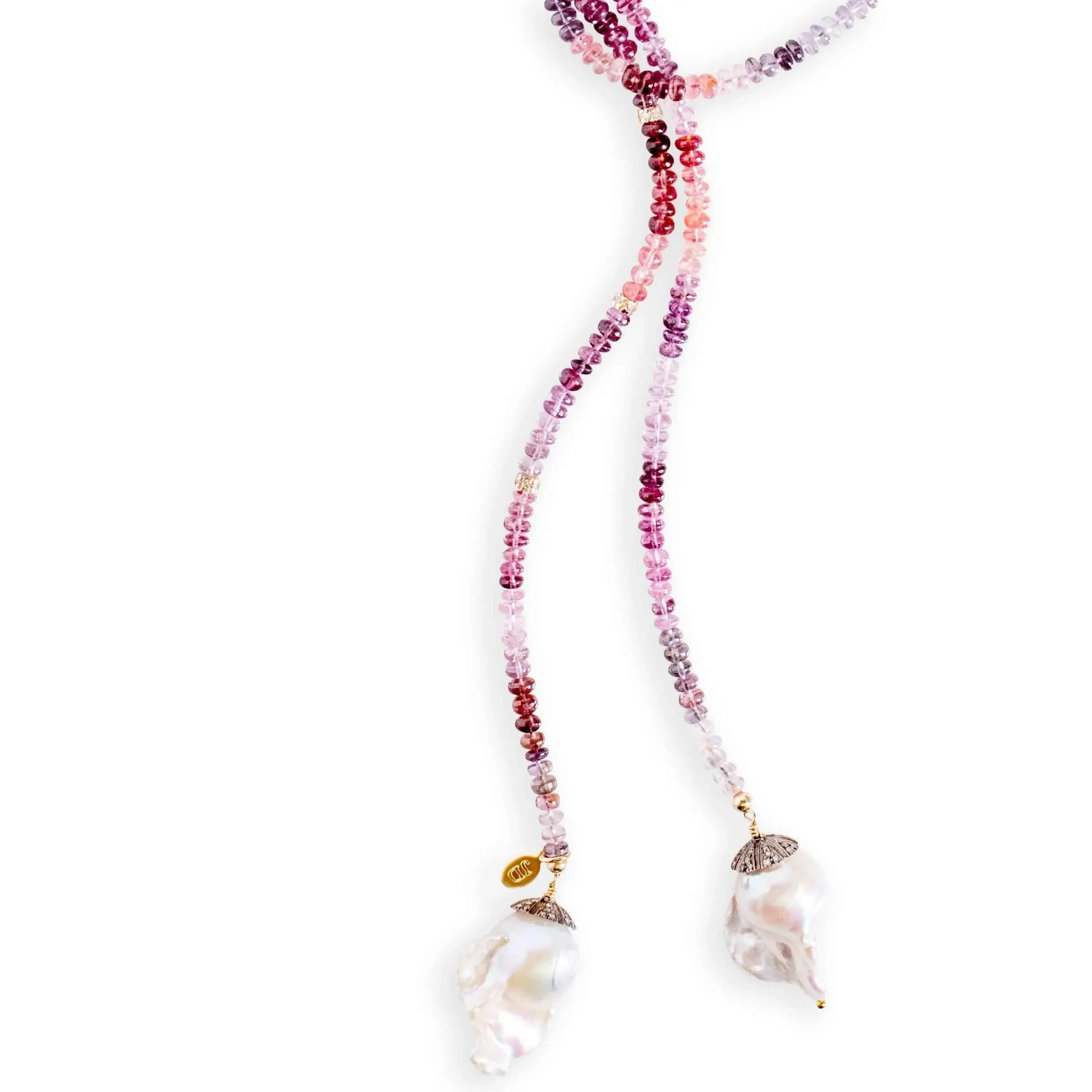 Cotton Candy Spinel and Diamond Gold Baroque Pearl Lariat