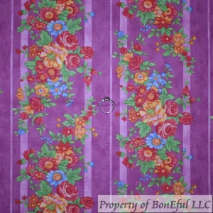 Cotton Fabric BTY Purple Pink Red Rose Flower Garden Bouquet Stripe