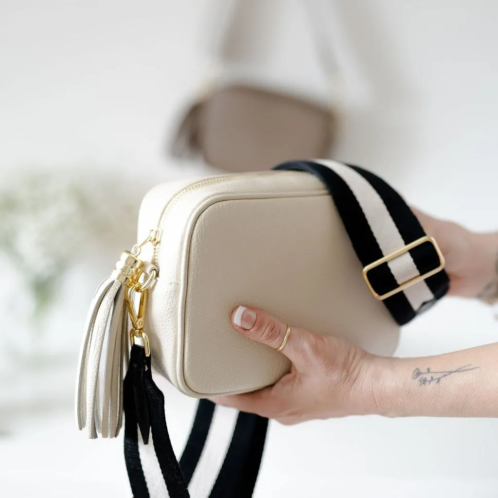 Cream Leather Tassel Cross Body Bag