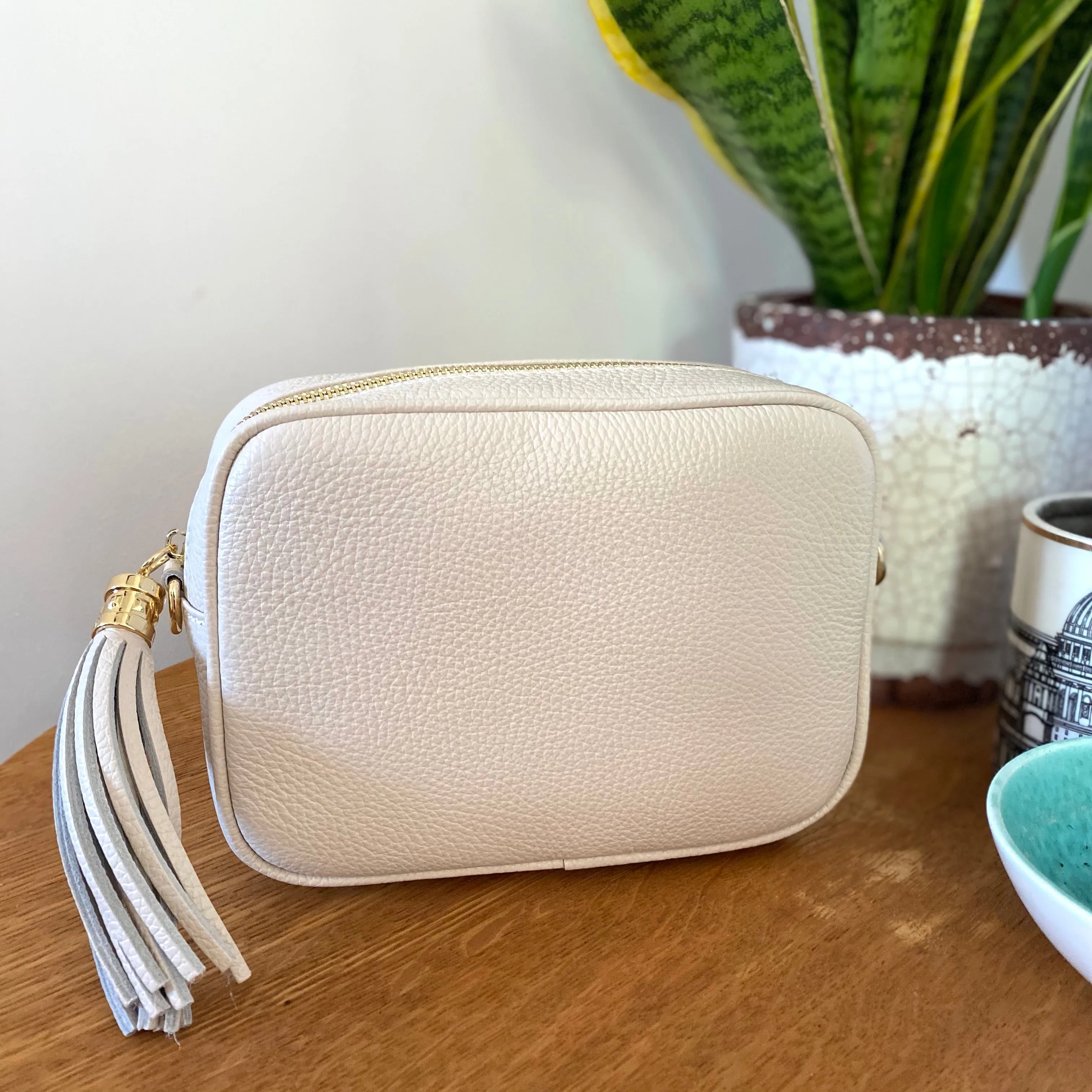 Cream Leather Tassel Cross Body Bag