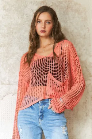Crochet Long Sleeve Knit Cover Up with Big Pocket