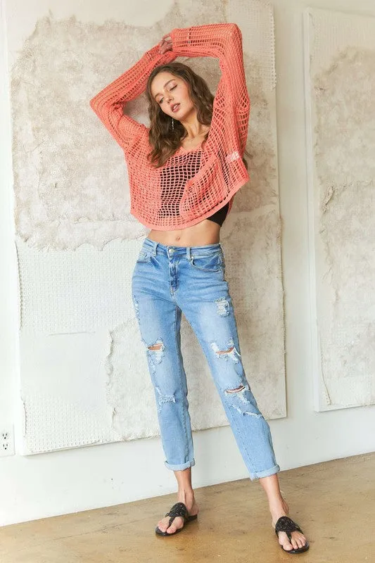 Crochet Long Sleeve Knit Cover Up with Big Pocket