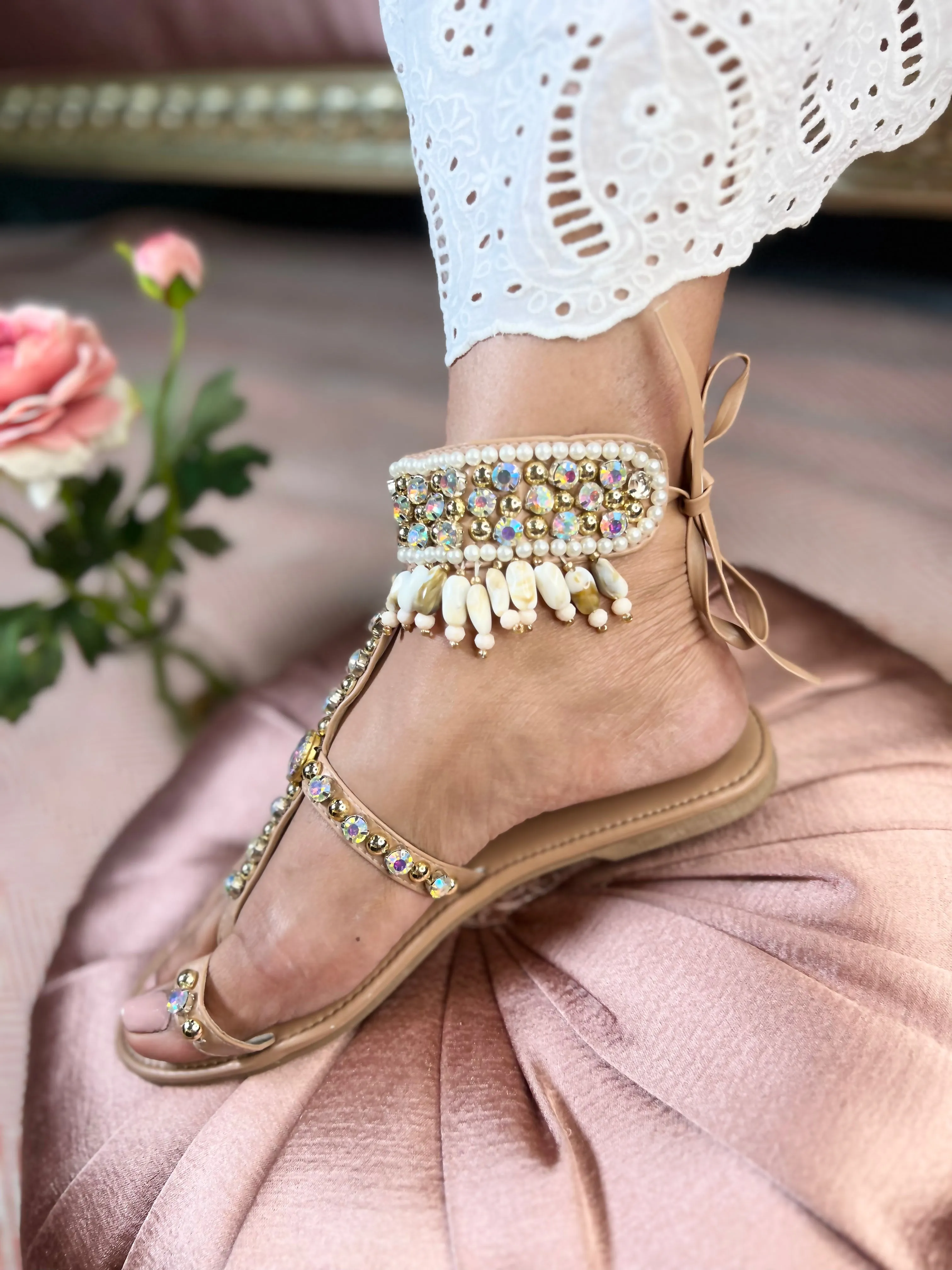 Crystal & Shell Embellished Tie-Up Gladiator