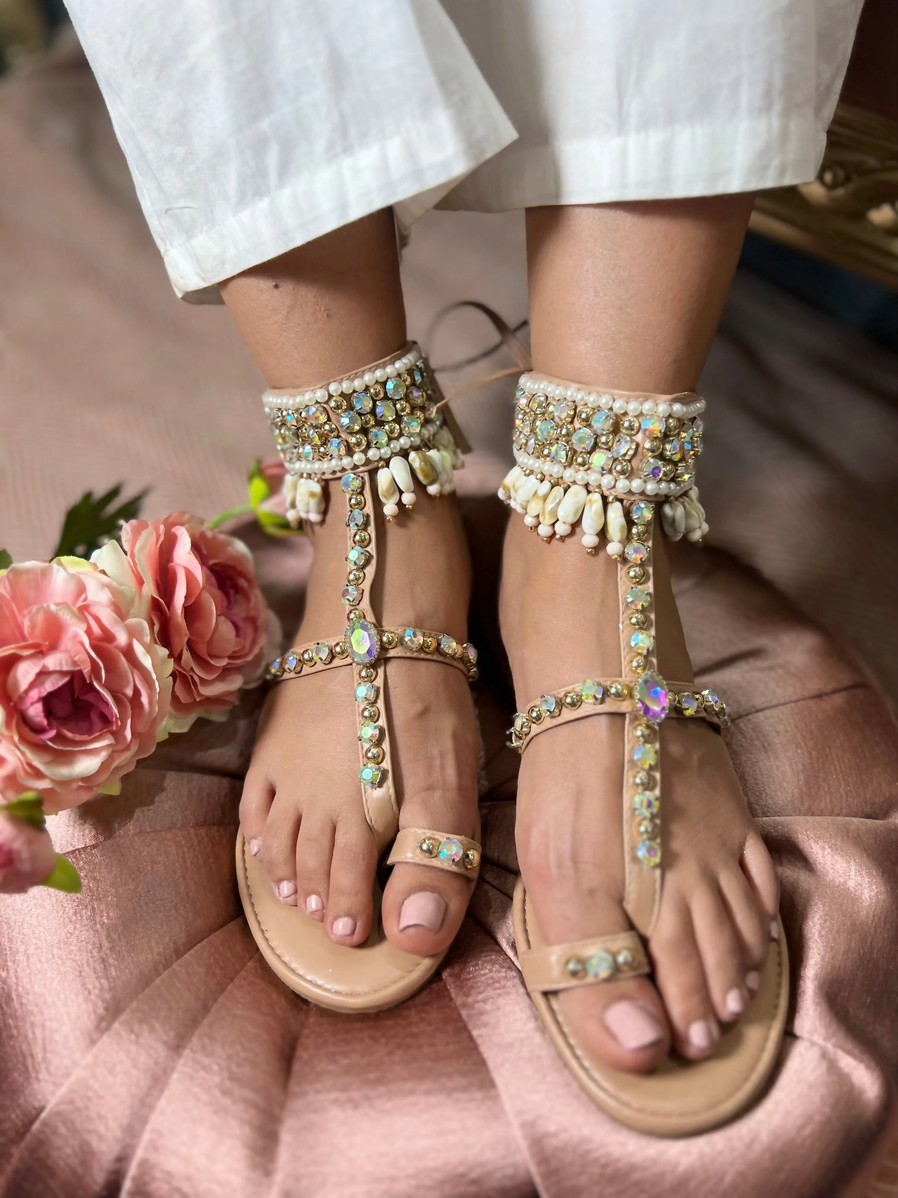Crystal & Shell Embellished Tie-Up Gladiator