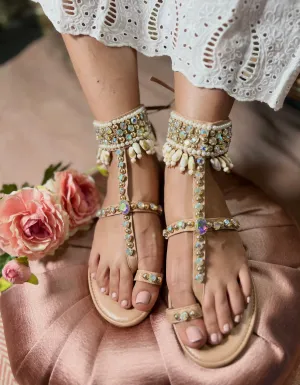 Crystal & Shell Embellished Tie-Up Gladiator