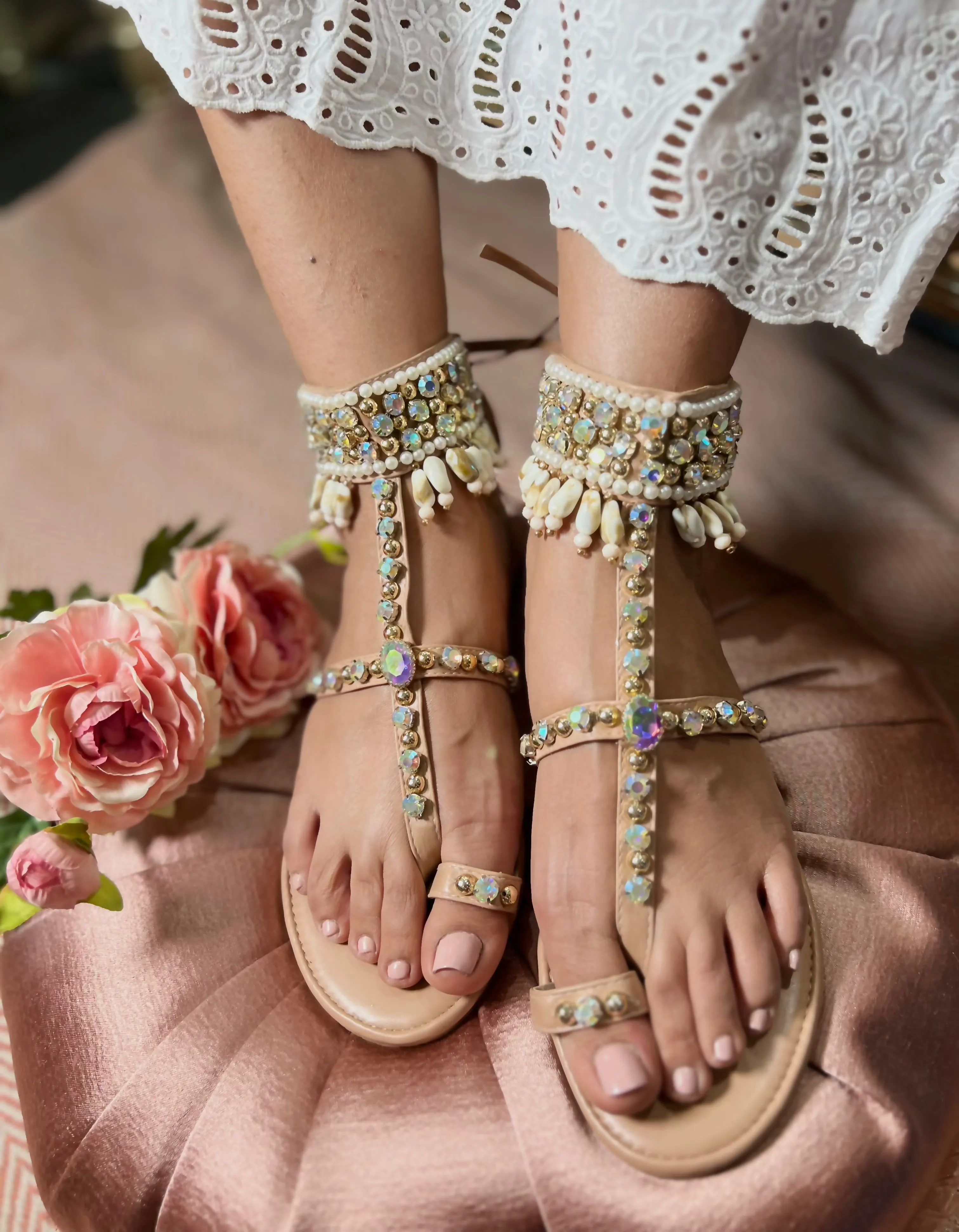 Crystal & Shell Embellished Tie-Up Gladiator