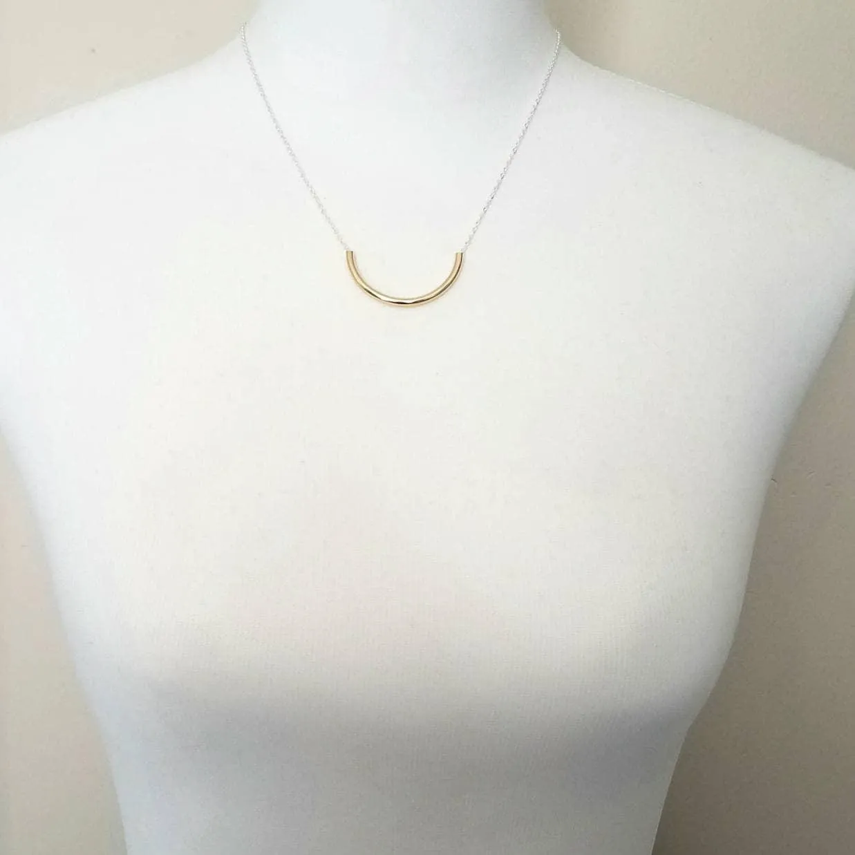 Curved Tube Necklace - dainty minimalist mixed metals silver/gold U shape arc semicircle - simple delicate chain every day layering piece