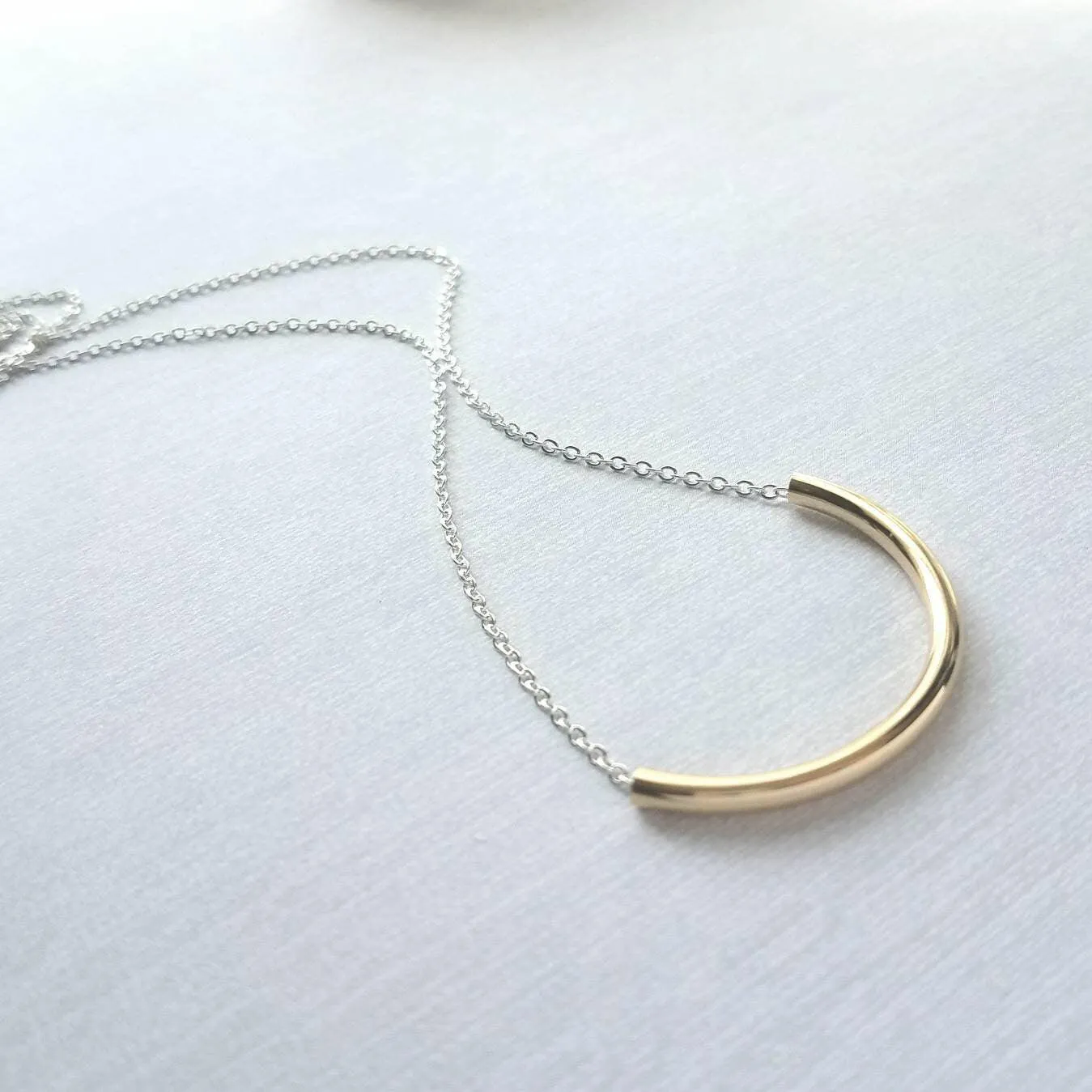Curved Tube Necklace - dainty minimalist mixed metals silver/gold U shape arc semicircle - simple delicate chain every day layering piece
