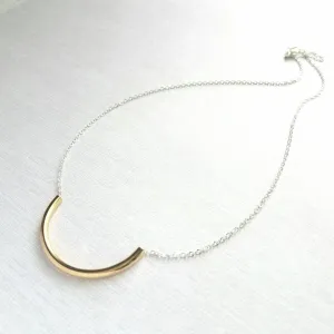 Curved Tube Necklace - dainty minimalist mixed metals silver/gold U shape arc semicircle - simple delicate chain every day layering piece