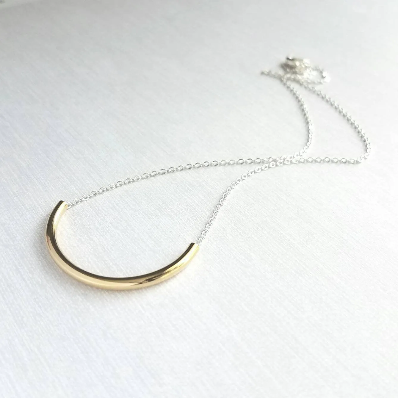 Curved Tube Necklace - dainty minimalist mixed metals silver/gold U shape arc semicircle - simple delicate chain every day layering piece