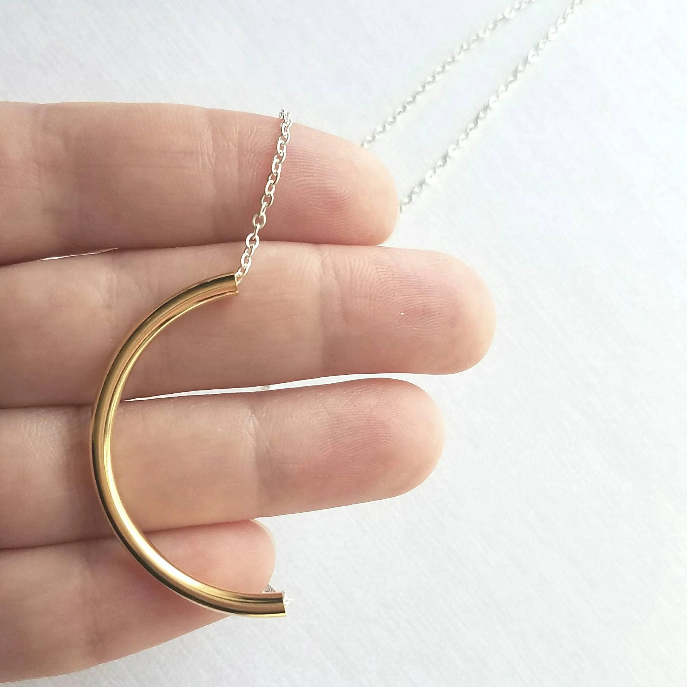 Curved Tube Necklace - dainty minimalist mixed metals silver/gold U shape arc semicircle - simple delicate chain every day layering piece