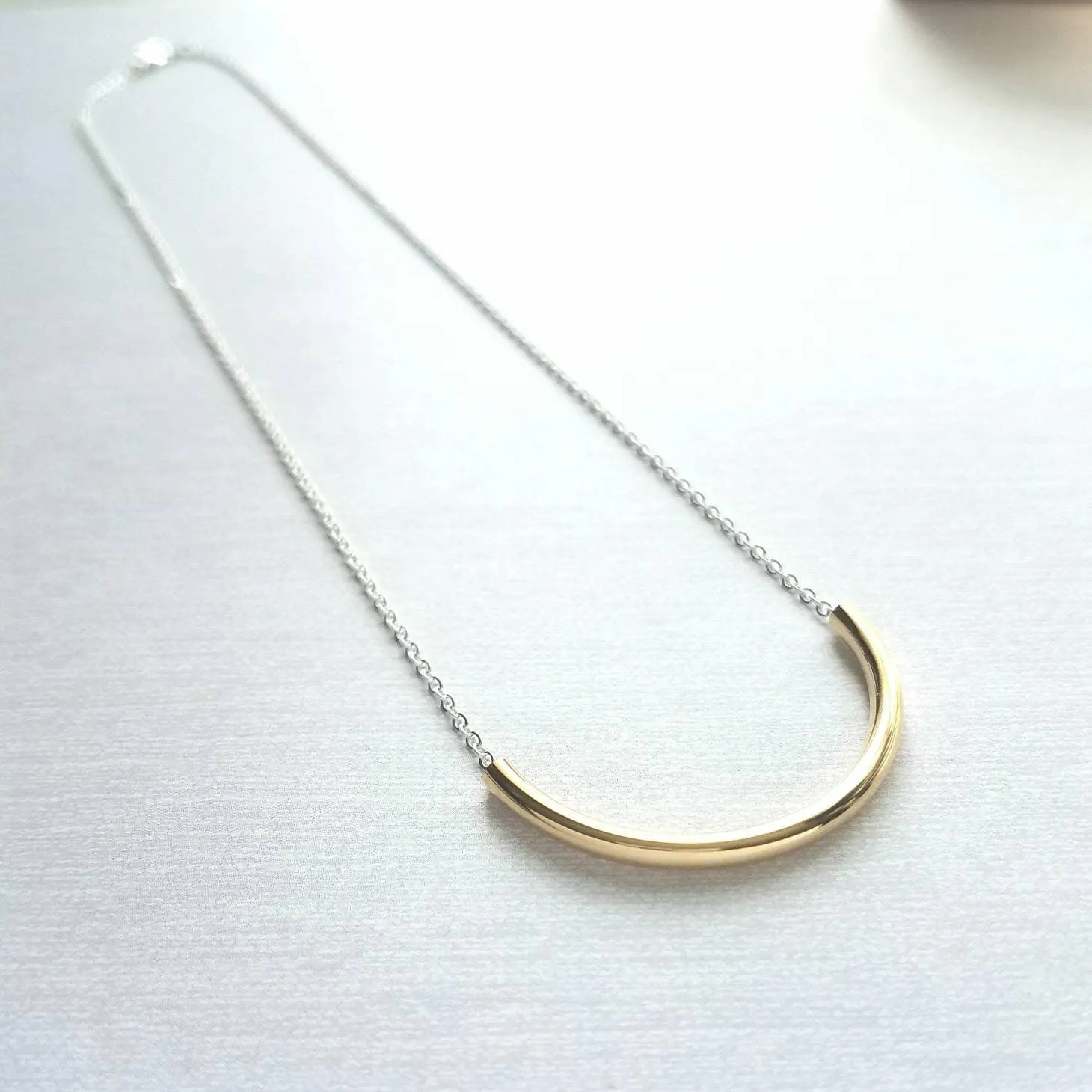 Curved Tube Necklace - dainty minimalist mixed metals silver/gold U shape arc semicircle - simple delicate chain every day layering piece