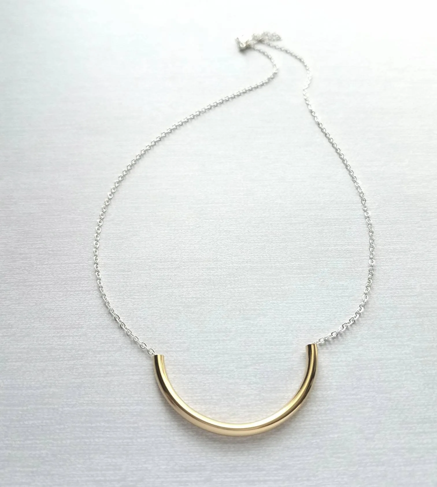 Curved Tube Necklace - dainty minimalist mixed metals silver/gold U shape arc semicircle - simple delicate chain every day layering piece