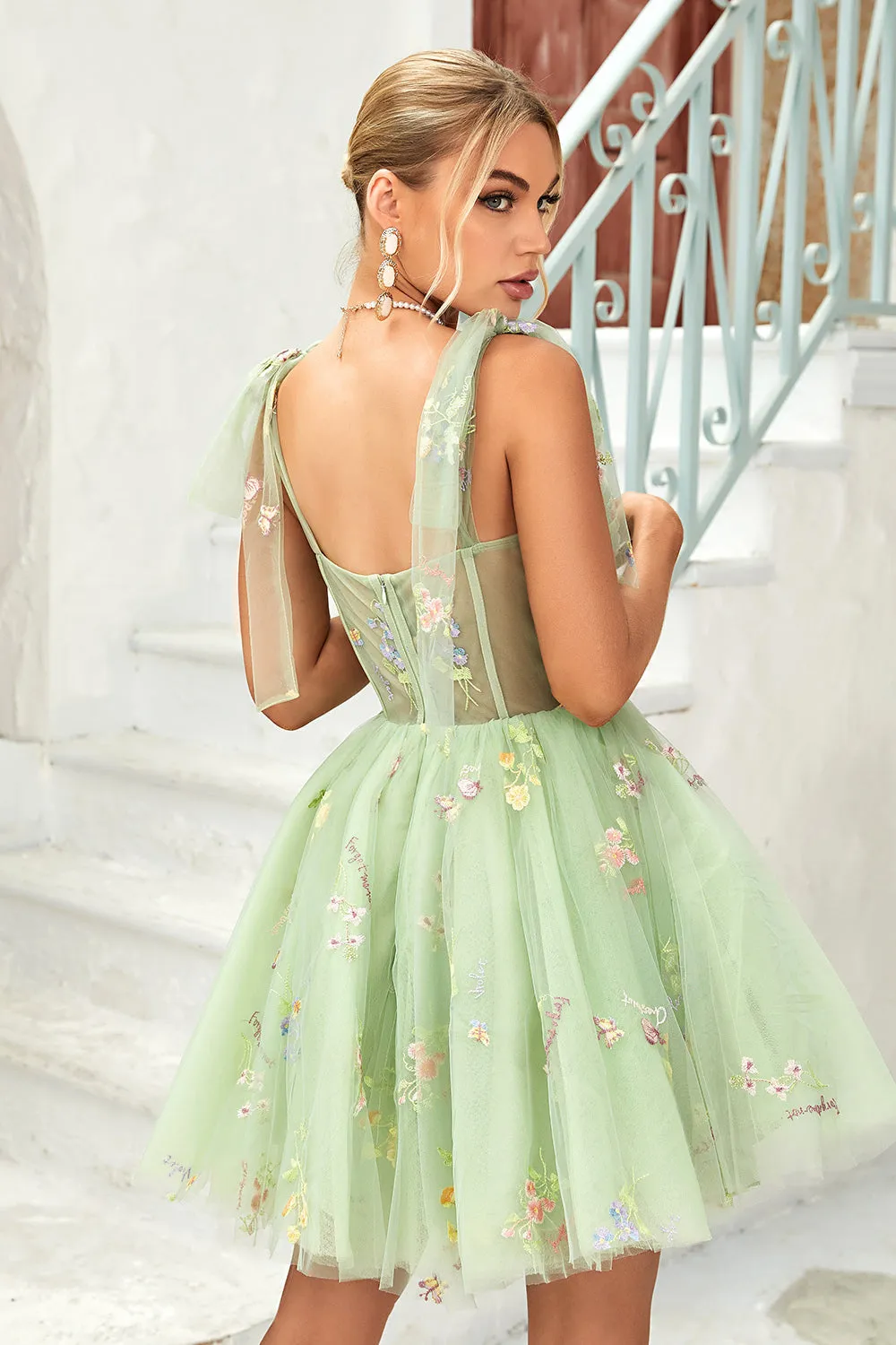 Cute Grey Blue A Line Spaghetti Straps Short Homecoming Dress with Appliques