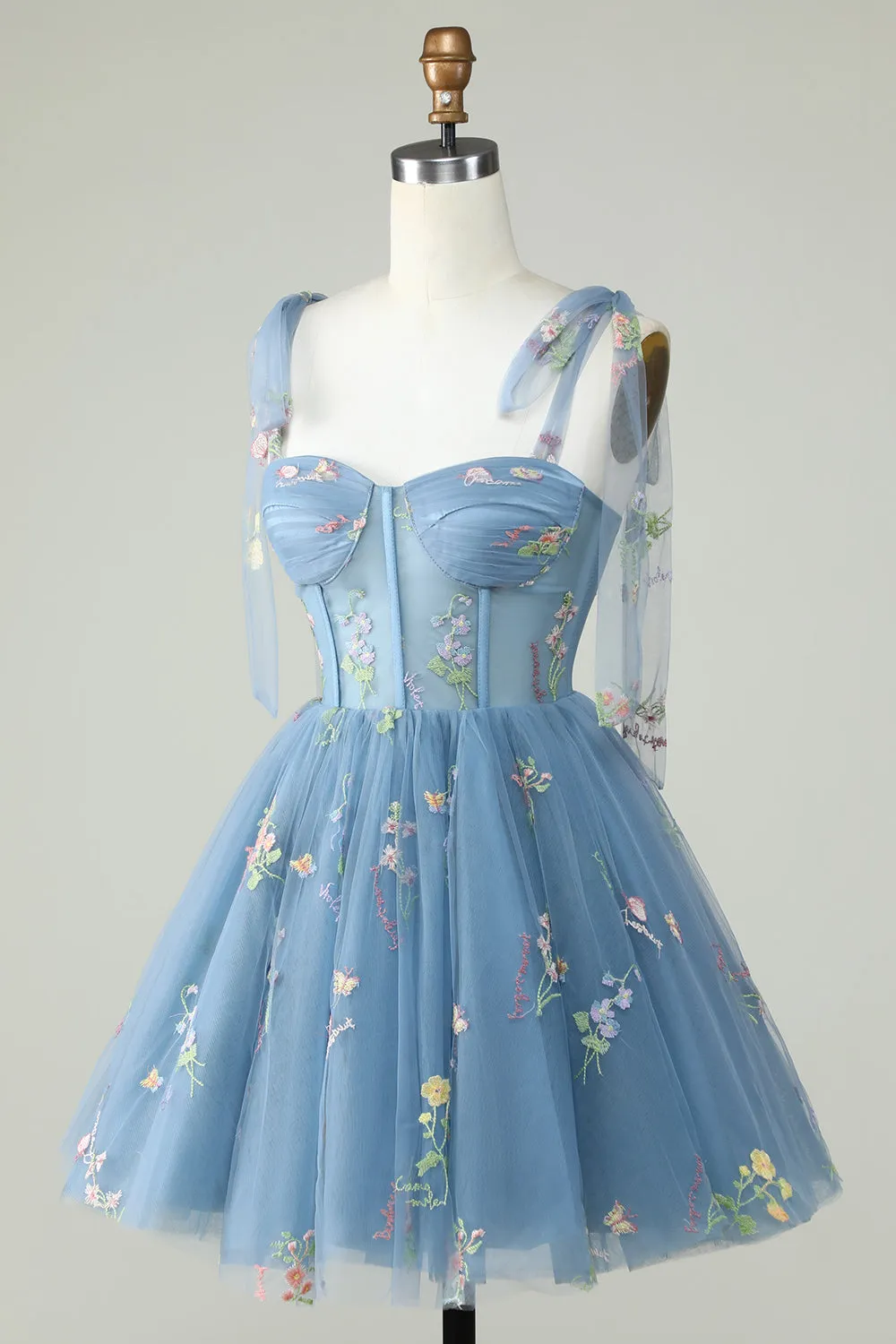 Cute Grey Blue A Line Spaghetti Straps Short Homecoming Dress with Appliques