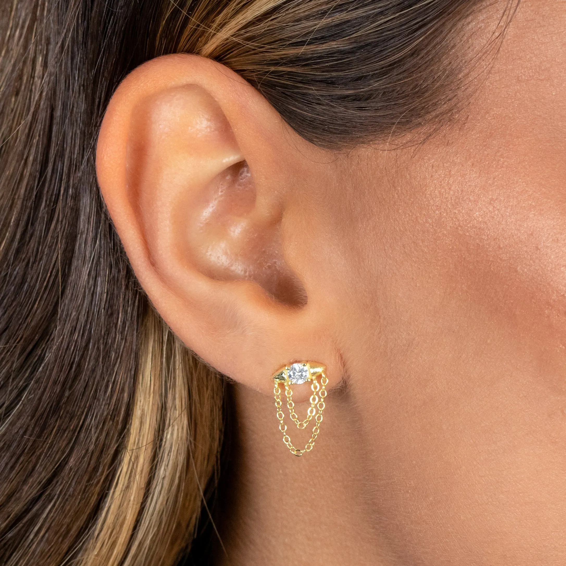 CZ Double Chain Drop Stud Earring