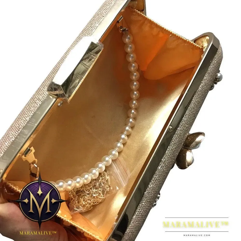 Diamond-studded pearl petal chain tassel dinner bag