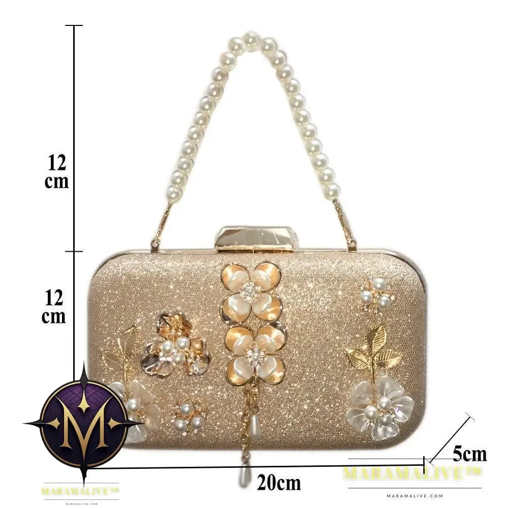 Diamond-studded pearl petal chain tassel dinner bag