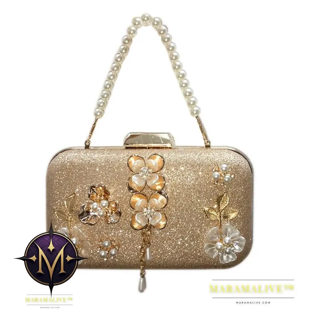Diamond-studded pearl petal chain tassel dinner bag