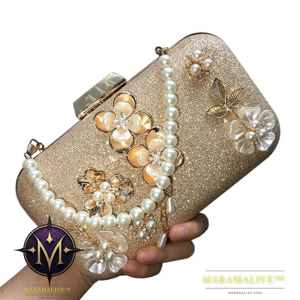 Diamond-studded pearl petal chain tassel dinner bag