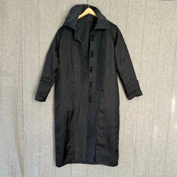 Diane Gilman Collection Black 100% Silk Funnel Neck Minimalist Boxy Long Jacket
