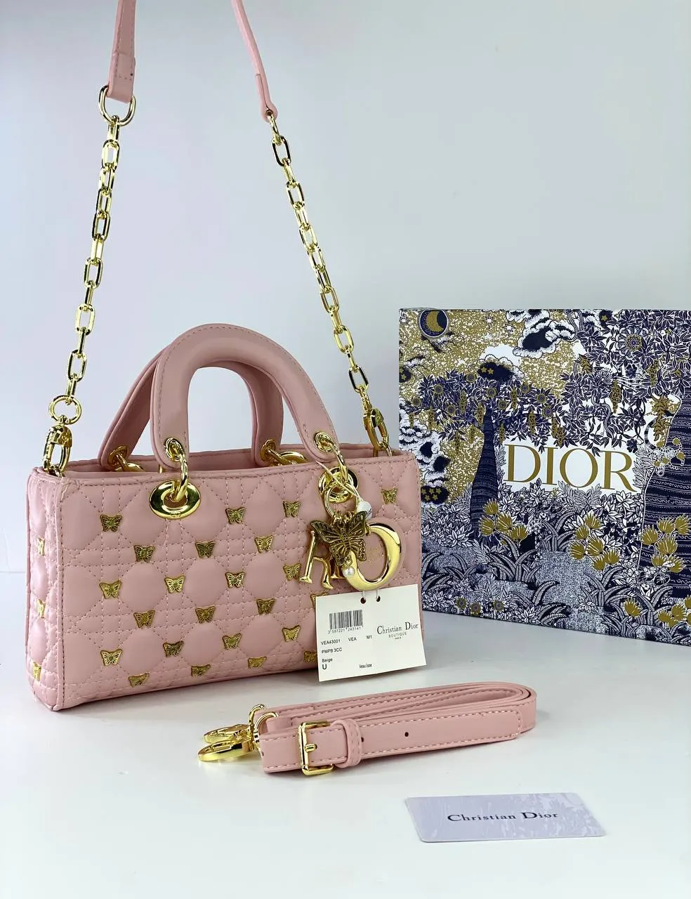 Dior Lady Dior Long Bag with Gold Butterfly Studs