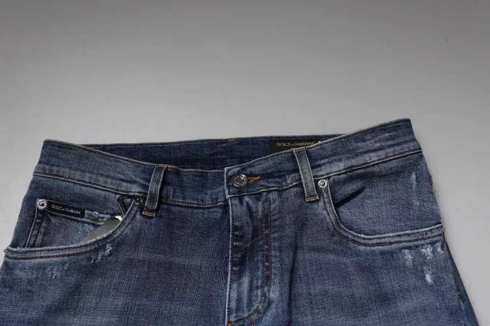 Dolce & Gabbana Blue Tattered Cotton Stretch Skinny Denim Jeans