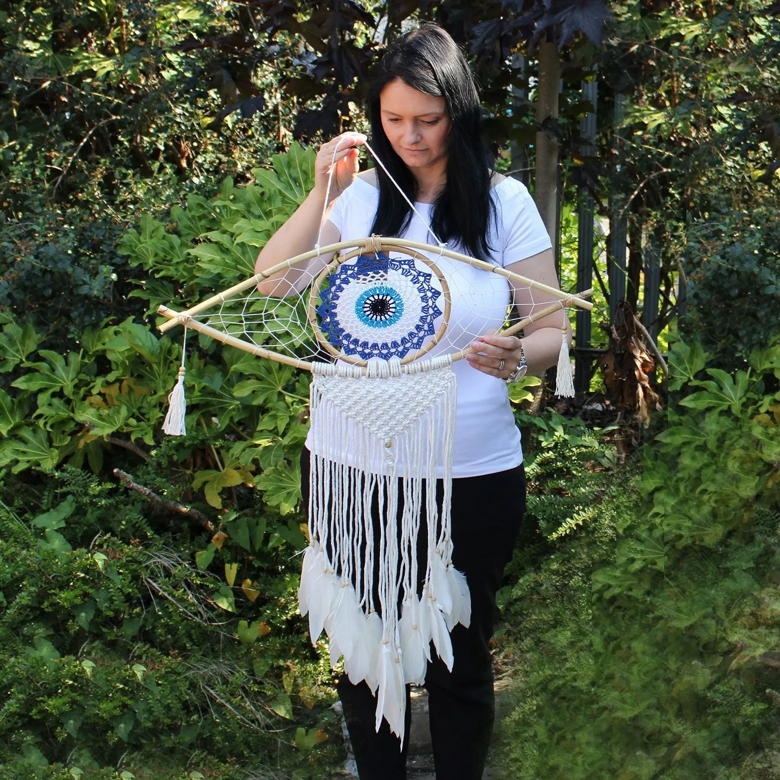 Dreamcatcher - Lrg Macrame Evil Eye Blue/White/Black
