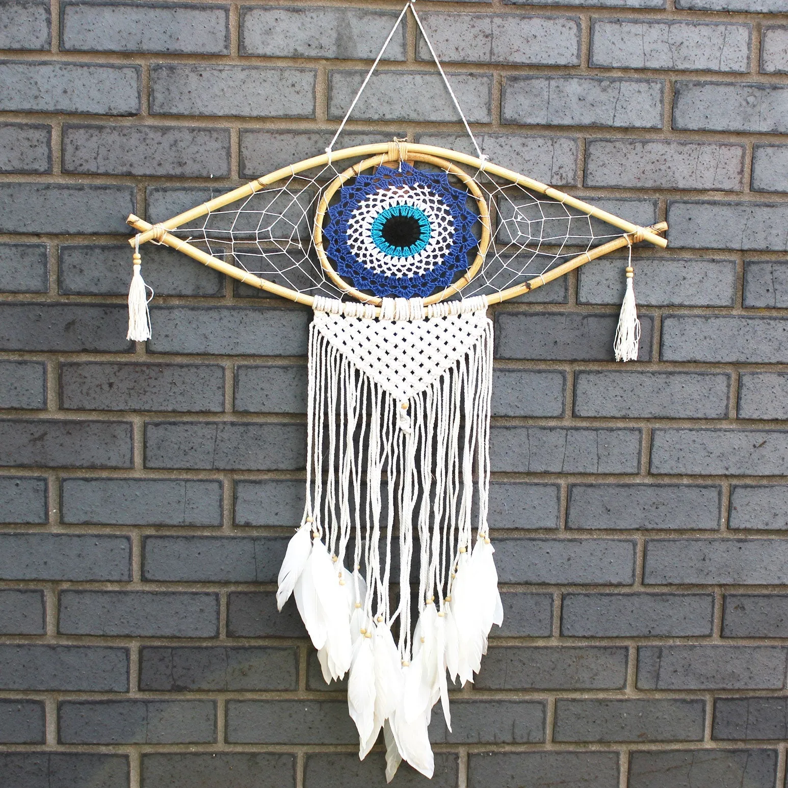 Dreamcatcher - Lrg Macrame Evil Eye Blue/White/Black