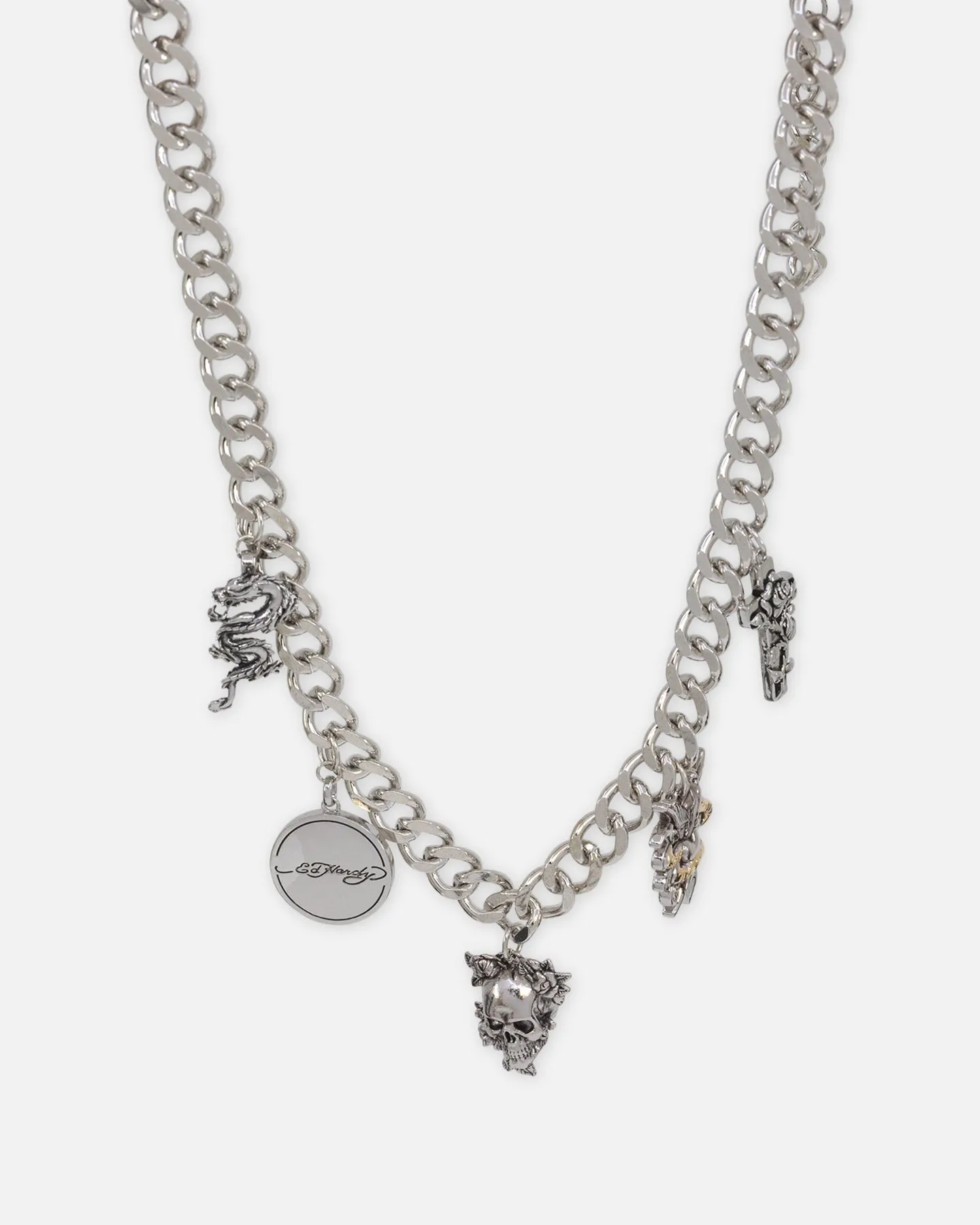 Ed Hardy Multi Charm Cuban Chain Necklace Silver