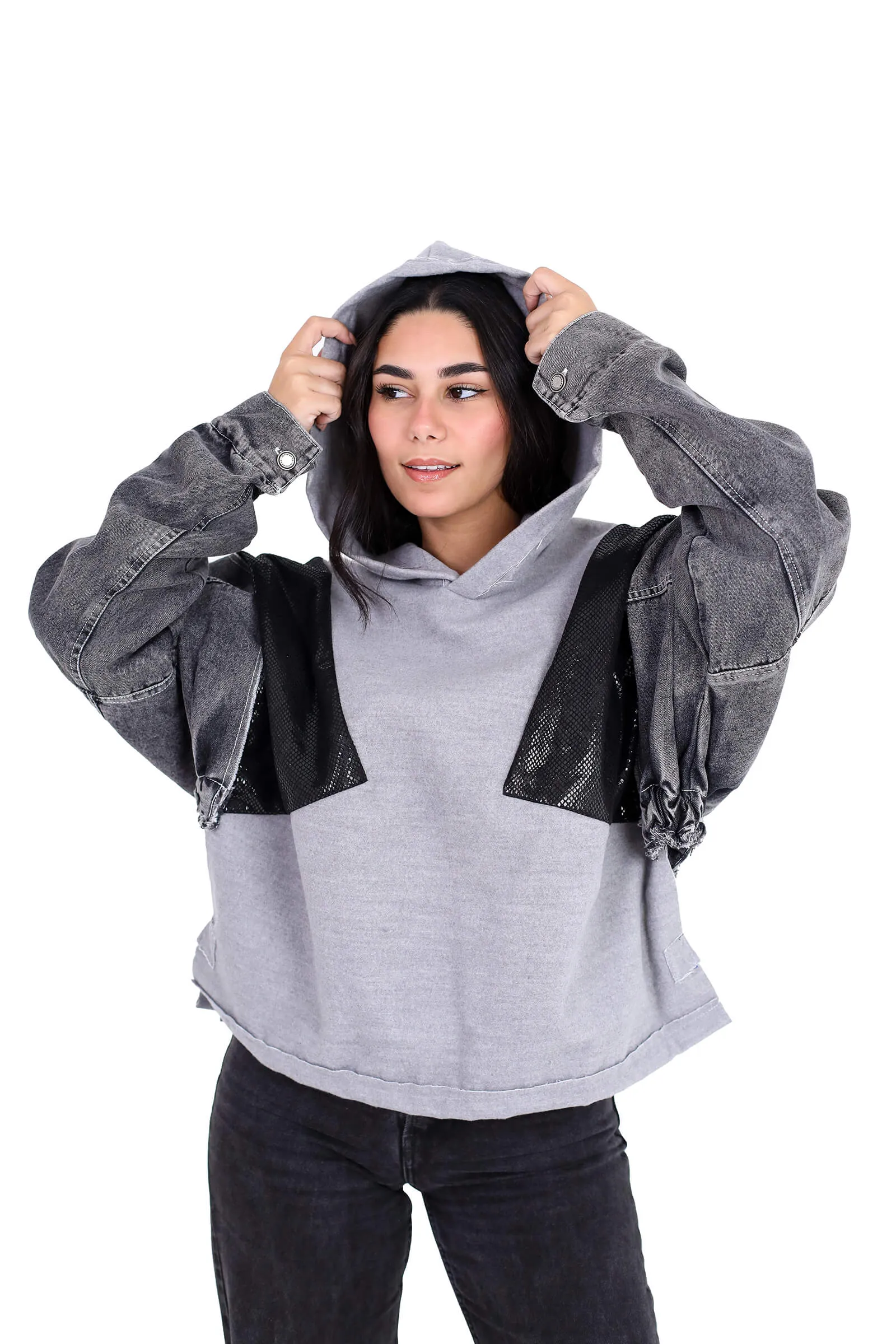 Edgy Gray Fusion Mesh Hoodie