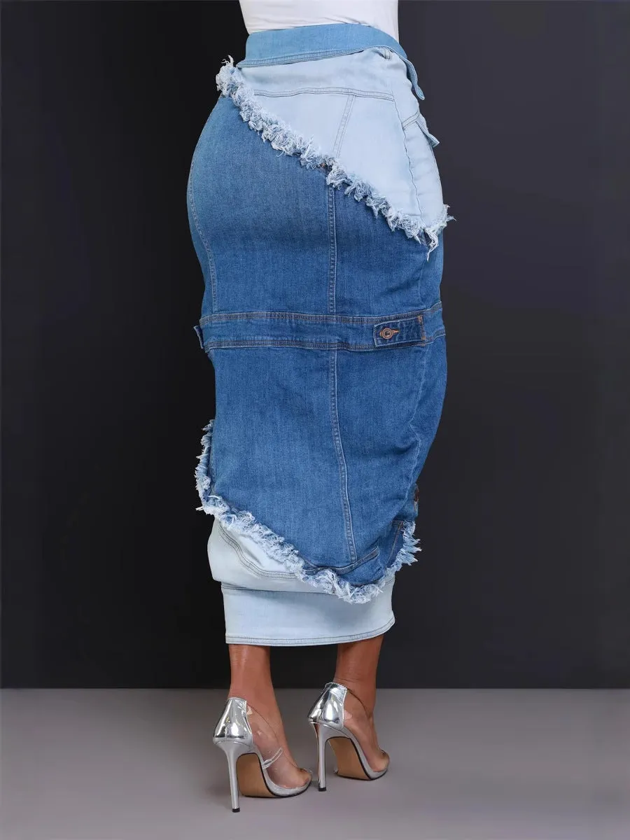 Edgy Street Style Denim Patchwork Split Skirt with Button Details
