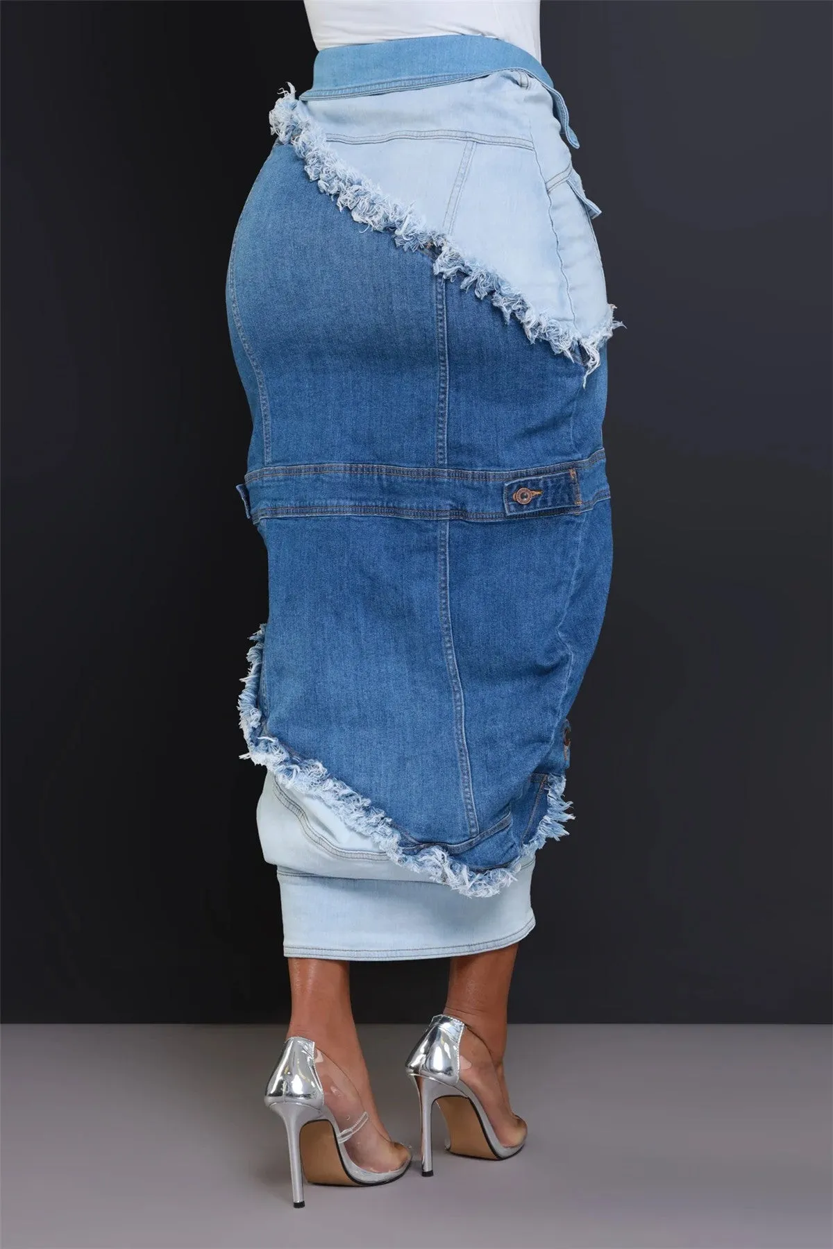 Edgy Street Style Denim Patchwork Split Skirt with Button Details