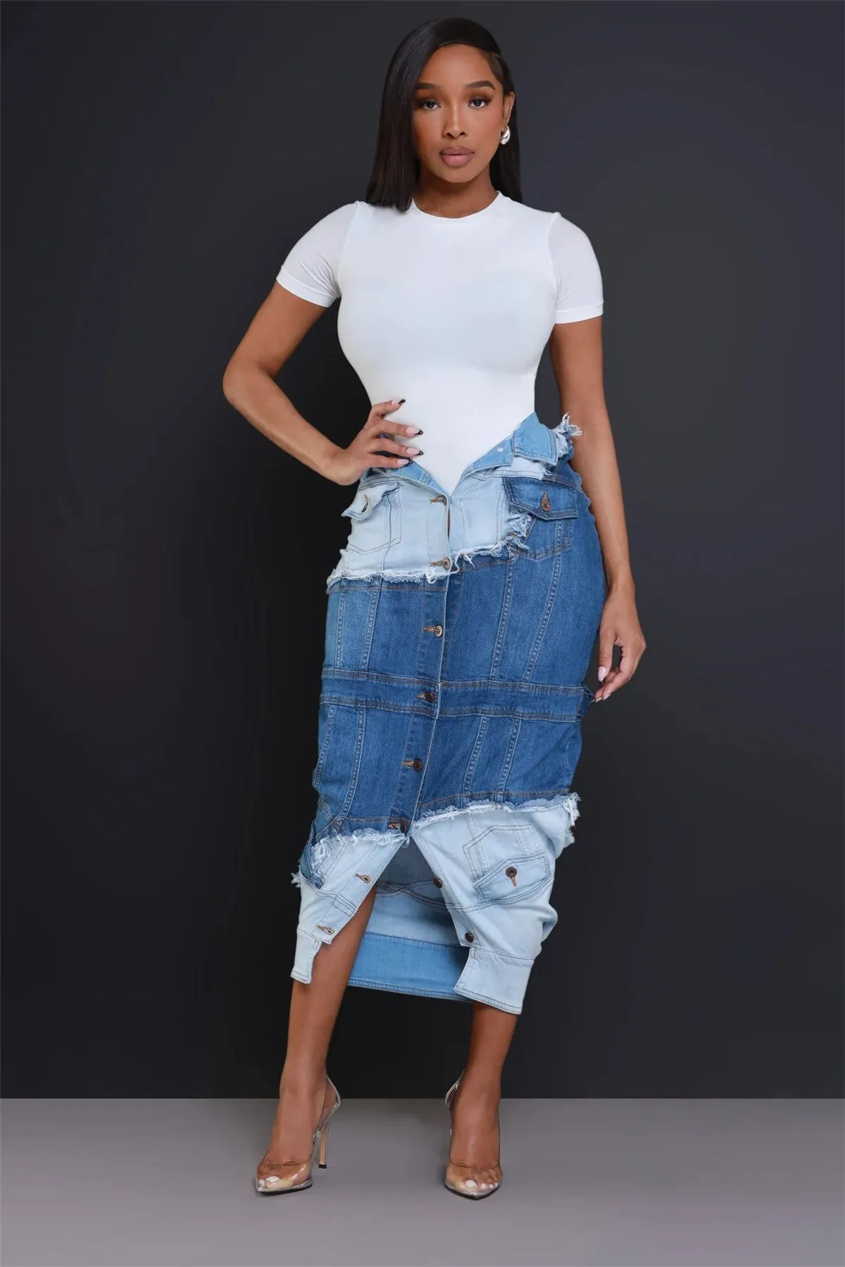 Edgy Street Style Denim Patchwork Split Skirt with Button Details