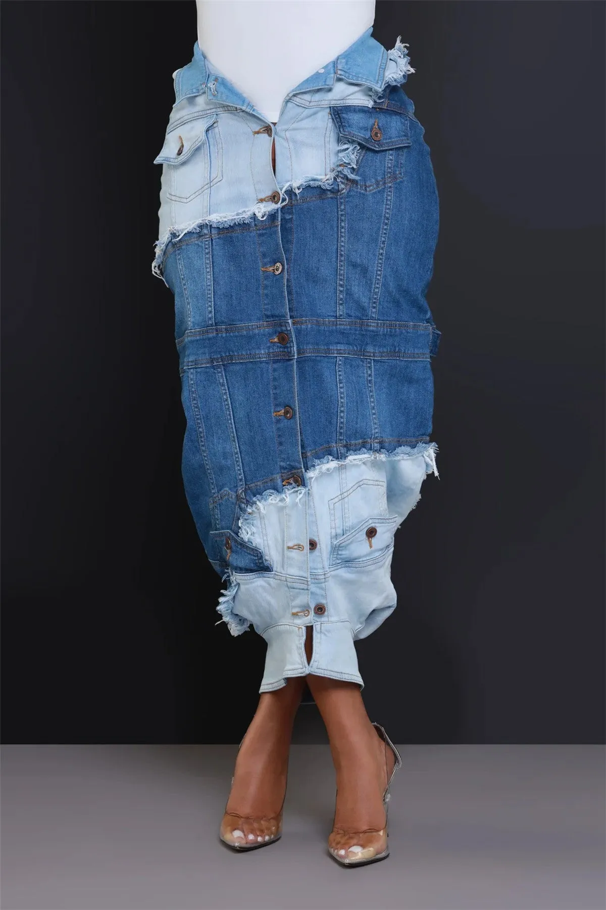 Edgy Street Style Denim Patchwork Split Skirt with Button Details