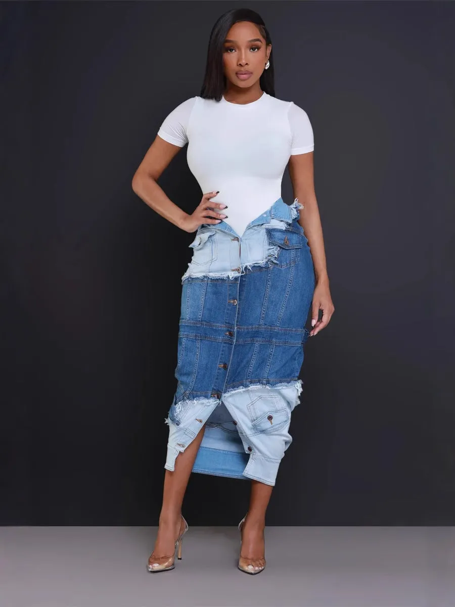 Edgy Street Style Denim Patchwork Split Skirt with Button Details