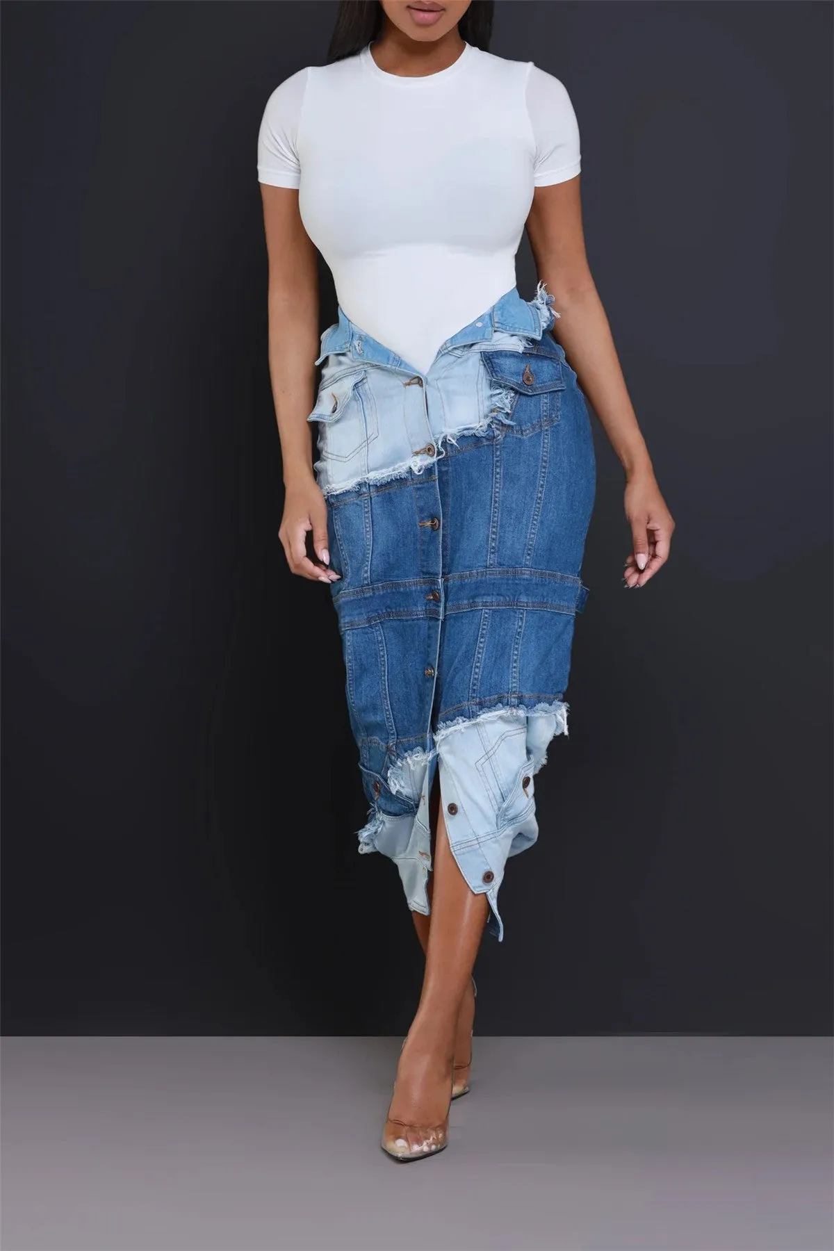 Edgy Street Style Denim Patchwork Split Skirt with Button Details