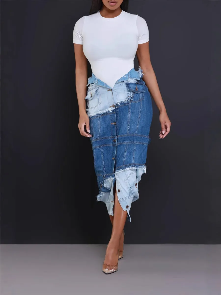 Edgy Street Style Denim Patchwork Split Skirt with Button Details